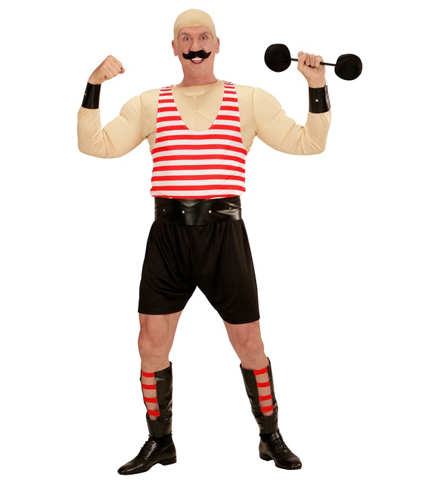 "HOMME FORT" (chemise muscles, Tshirt, shorts, ceinture, brassards, jambières, haltère)
