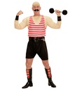 "HOMME FORT" (chemise muscles, Tshirt, shorts, ceinture, brassards, jambières, haltère)