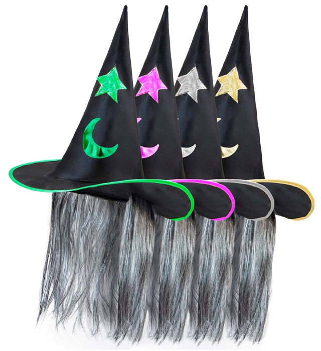 "CHAPEAU SORCIERE DECORE AVEC CHEVEUX" 4 coul.