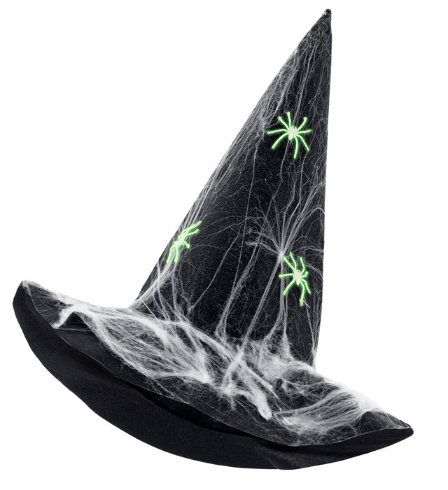 "CHAPEAU DE SORCIERE DE LUXE AVEC TOILE D'ARAIGNEE ET ARAIGNEES PHOSPHO."