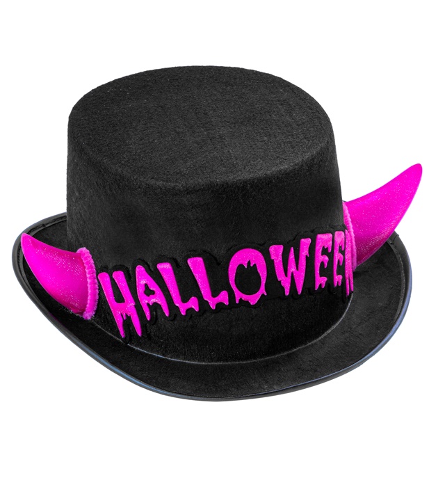 "HAUT DE FORME HALLOWEEN FEUTRE AVEC CORNES VIOLETTES REFLECHISSANTES" 11 cm