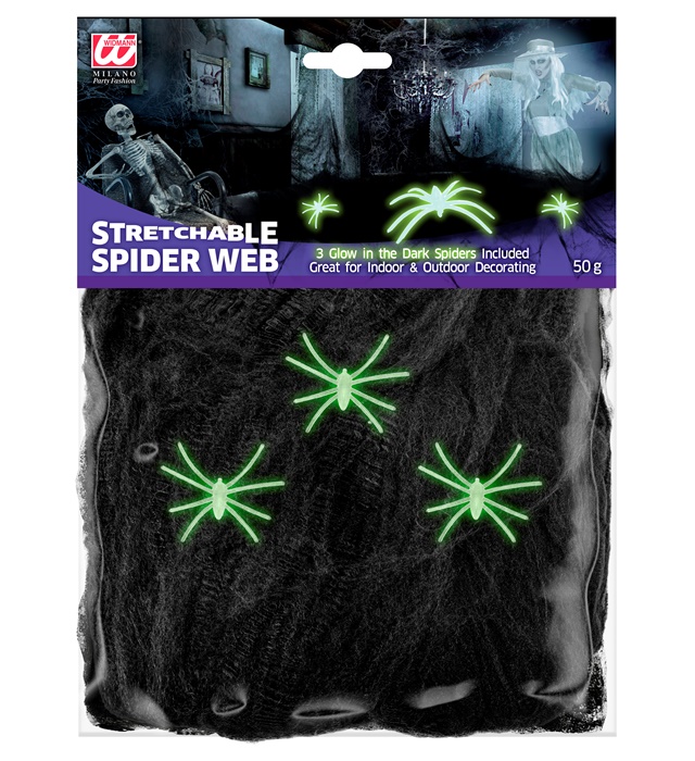 "TOILE D’ARAIGNÉE NOIRE DE 50 g AVEC 3 ARAIGNÉES PHOSPHORESCENTES"