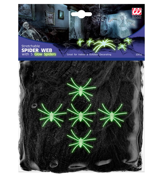 "TOILE D'ARAIGNEE NOIRE 100 g AVEC 5 ARAIGNEES PHOSPHORESCENTES"