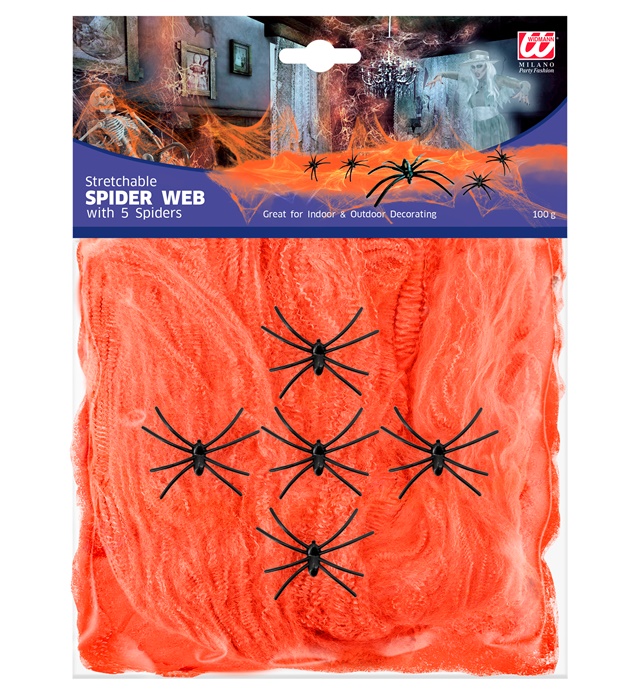 "TOILE D'ARAIGNEE ORANGE 100 g AVEC 5 ARAIGNEES"