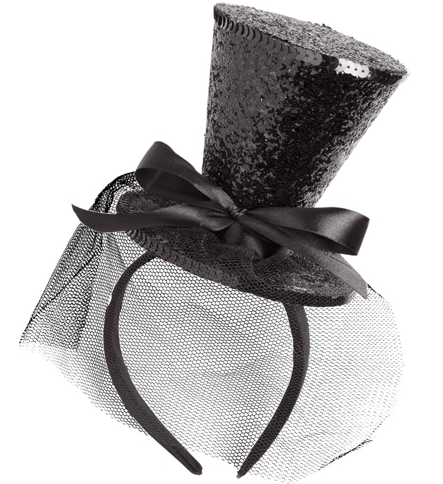 [0066F] "MINI CHAPEAU NOIR A PAILLETTES SUR BANDEAU AVEC NOEUD ET VOILE"