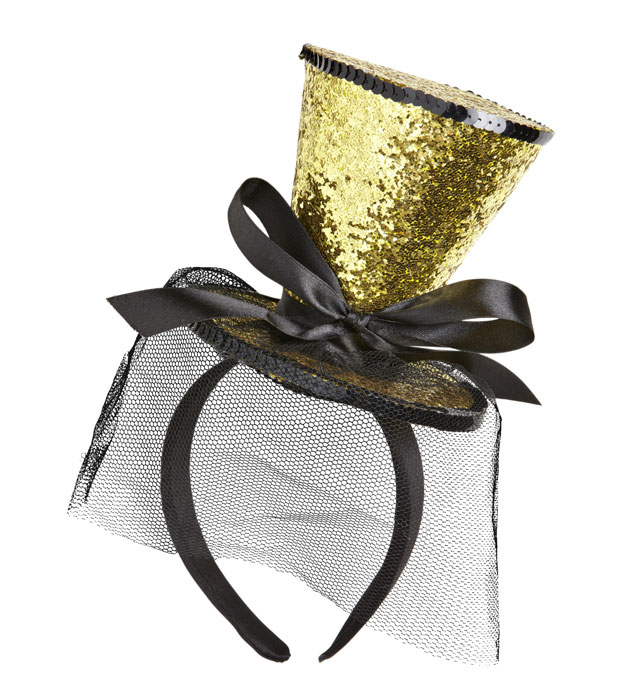 [0067G] "MINI CHAPEAU DORE A PAILLETTES SUR BANDEAU AVEC NOEUD ET VOILE"