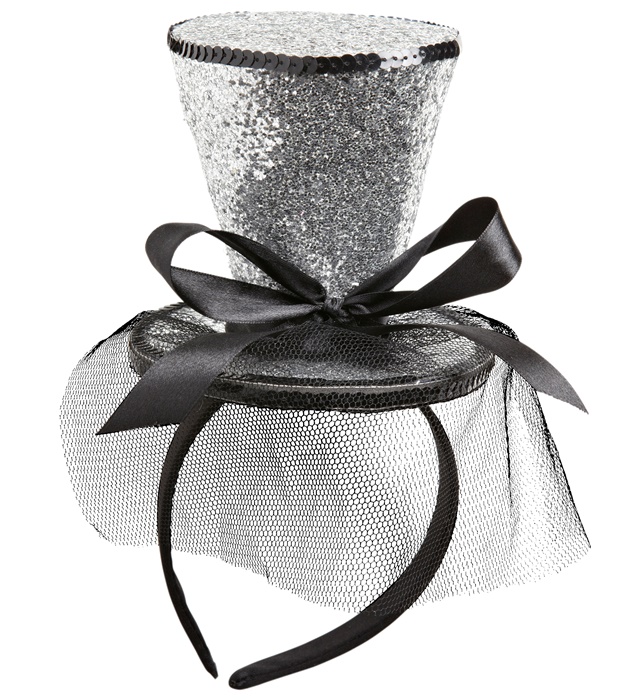 [0068H] "MINI CHAPEAU ARGENTE A PAILLETTESSUR BANDEAU AVEC NOEUD ET VOILE"