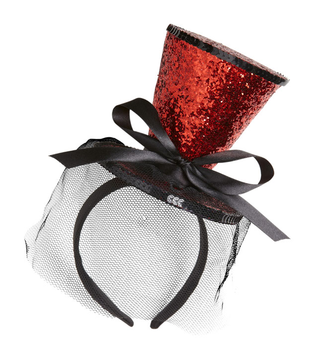 [0070J] "MINI CHAPEAU ROUGE A PAILLETTES SUR BANDEAU AVEC NOEUD ET VOILE"
