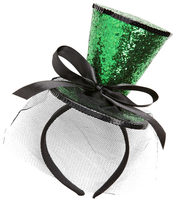 [0071K] "MINI CHAPEAU VERT A PAILLETTES SUR BANDEAU AVEC NOEUD ET VOILE"