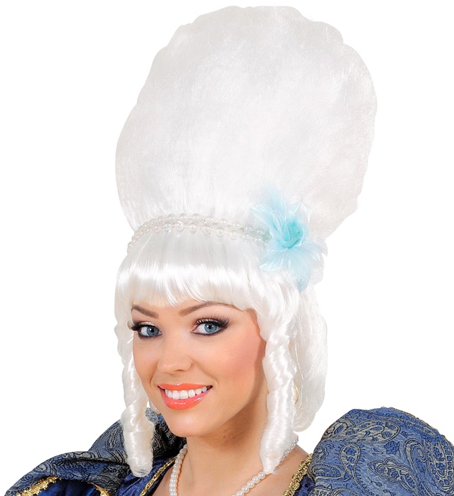 [5935M] "PERRUQUE MARQUISE AVEC COLLIER DEPERLES BLANCHES ET FLEUR BLEUE" ensachet