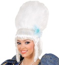 "PERRUQUE MARQUISE AVEC COLLIER DEPERLES BLANCHES ET FLEUR BLEUE" ensachet
