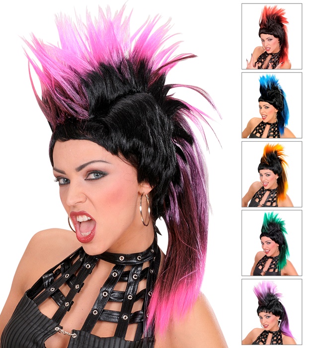 "PERRUQUE PUNK AVEC CRETE" en sachet, 6 coul. Ass. Rouge, bleu, rose,violet, orange, vert