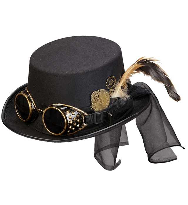 "HAUT DE FORME STEAMPUNK AVEC LUNETTES ET PIECES D'HORLOGERIE" 12 cm