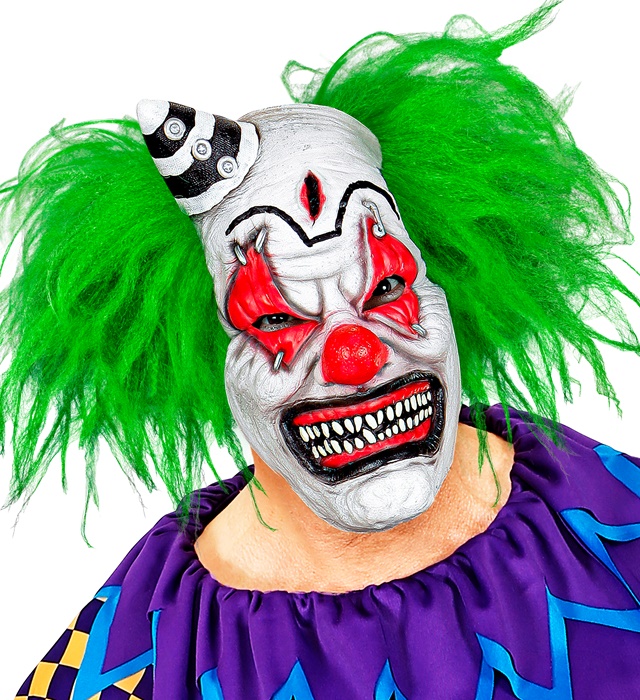 "DEMI-MASQUE DE CLOWN TUEUR AVEC CHEVEUX ET MINI CHAPEAU"