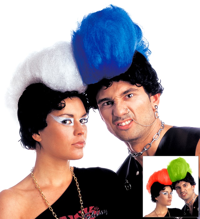 "PERRUQUE PUNK AVEC MAXI CRETE" ensachet 4 coul. Ass. Bleu, blanc, vert, rouge