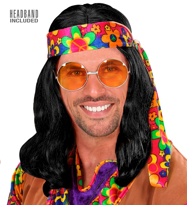 "PERRUQUE TYPE HIPPIE AVEC BANDEAU" noire - en sachet