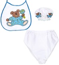 "BEBE BLEU" set habillage (bonnet, bavoir, couche géante)