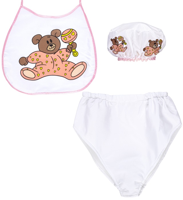 "BEBE ROSE" set habillage (bonnet, bavoir, couche géante)