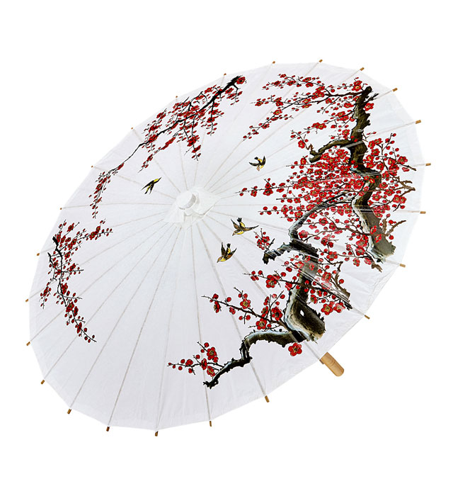 "OMBRELLE ORIENTALE DECOREE PAPIERDE RIZ BLANC AVEC STRUCTURE EN BOIS "ø 84 cm