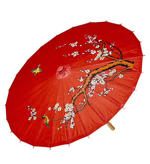 "OMBRELLE ORIENTALE DECOREE PAPIERDE RIZ ROUGE AVEC STRUCTURE EN BOIS "ø 84 cm