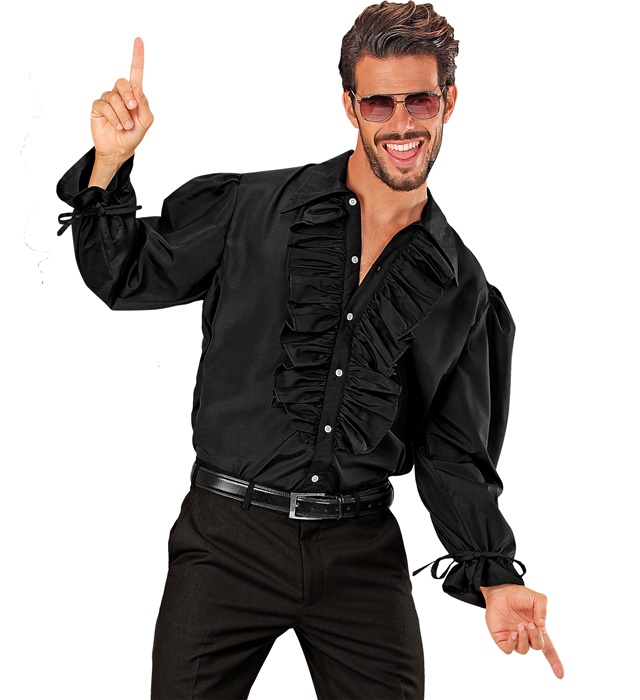"CHEMISE NOIRE A JABOT" pour tenue Médievale, Renaissance, Coloniale, Gothique, Bandit Masqué, Pirate, Vampire, Disco