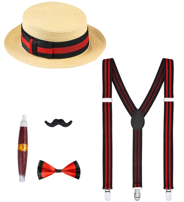 "MODE DES ANNEES 20 RUGISSANTES" (chapeau de plaisancier, bretelles, noeud papillon, moustache, cigare)