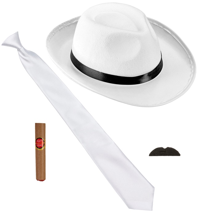 "MODE DES ANNEES 20 RUGISSANTES" (chapeau, cravate, moustache, cigare)