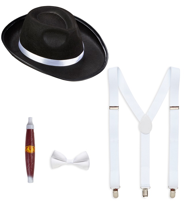 "GANGSTER" (chapeau, bretelles, noeud papillon, cigare)