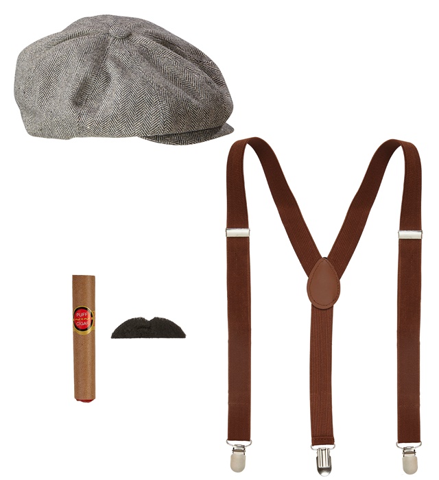 "MODE DES ANNEES 20 RUGISSANTES" (casquette, bretelles, moustache, cigare)