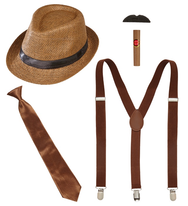 "MODE DES ANNEES 20 RUGISSANTES" (chapeau, bretelles, cravate, moustache, cigare)