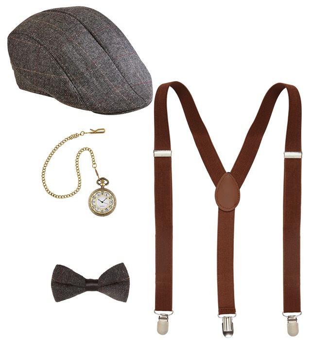 "MODE DES ANNEES 20 RUGISSANTES" (chapeau plat, bretelles, noeud papillon, montre de poche)