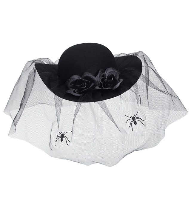 "CHAPEAU FEUTRE DE VETEMENTS NOIR AVEC ROSES, VOILE ET ARAIGNÉES" en feutre