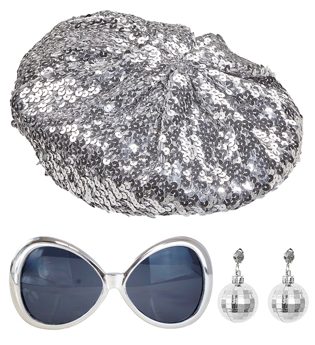 " DISCO BABE" (beret avec paillettes, lunettes , boucles d'oreilles balle disco)