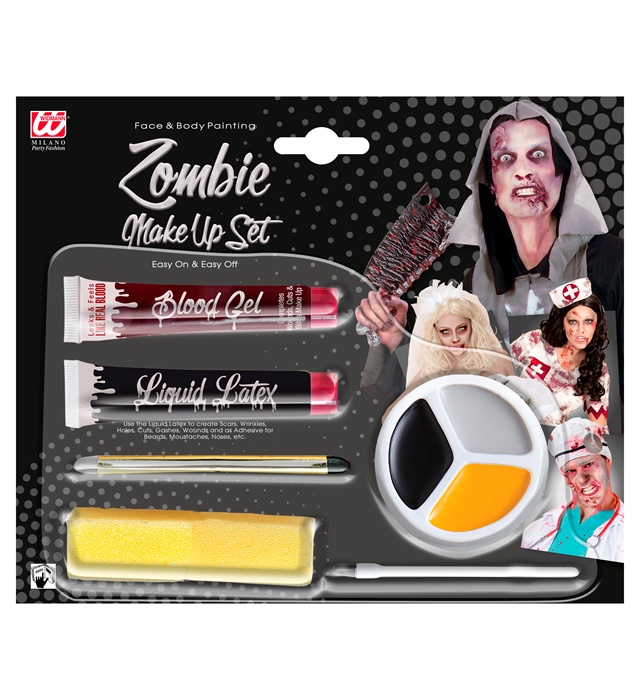[01144] "KIT DE MAQUILLAGE ZOMBIE" (latex liquide, sang, crayons gris et noir, pot de maquillage tricolor, applicateur, 2 éponges)