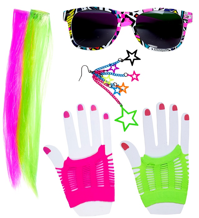 [01157] "FILLE ANNEES 80 (2 extensions cheveux neon, boucles d'oreille, gantset lunettes)