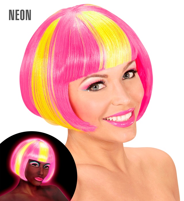 [74978] "PERRUQUE VALENTINA NEON ROSE A MECHES JAUNES" en sachet