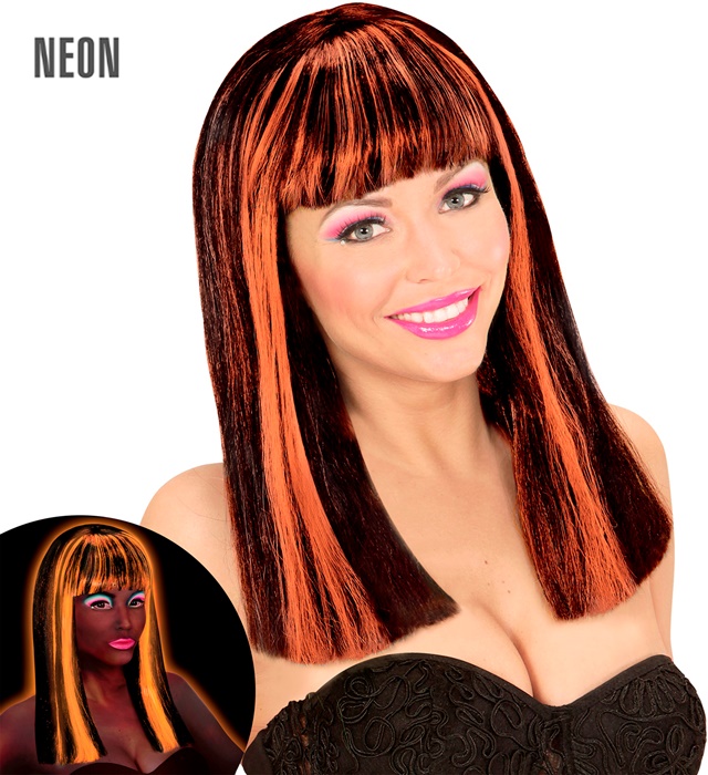 "PERRUQUE NOIRE AVEC MECHES NEON ORANGE PATSY" en sachet