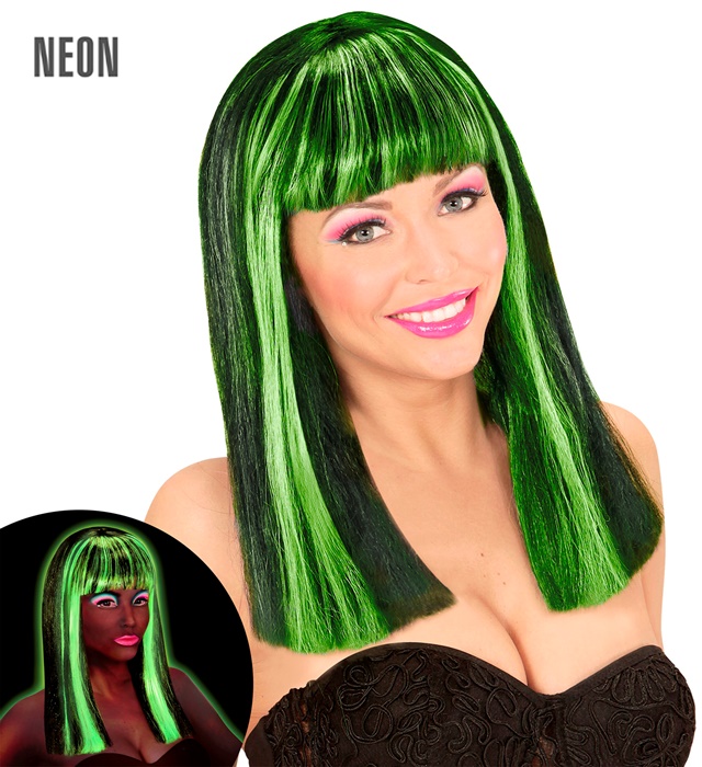 [74987] "PERRUQUE NOIRE AVEC MECHES NEON VERTES PATSY" en sachet