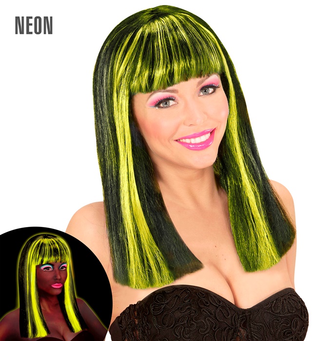 [74988] "PERRUQUE NOIRE AVEC MECHES NEON JAUNES PATSY" en sachet