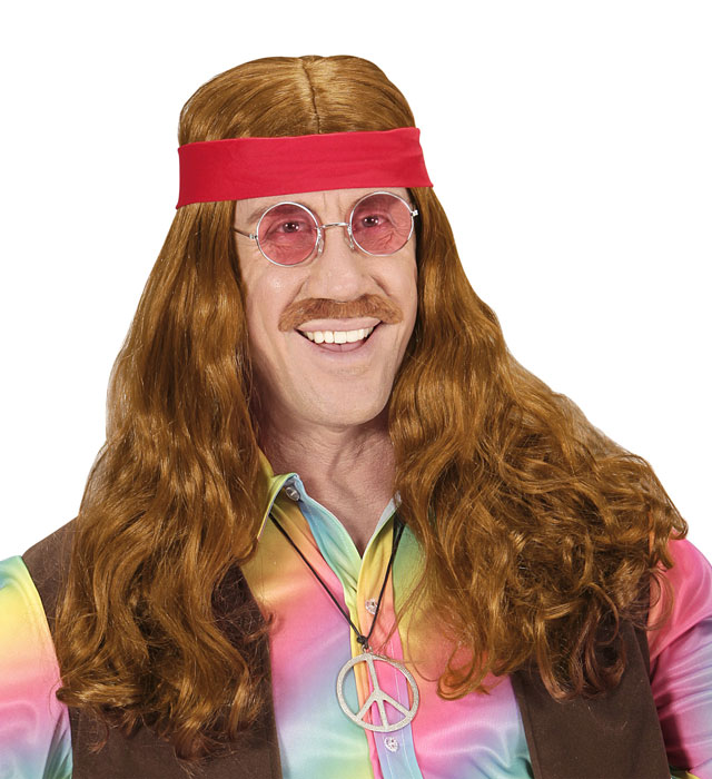 "PERRUQUE HIPPIE AVEC BANDEAU ROUGE & MOUSTACHE" en sachet