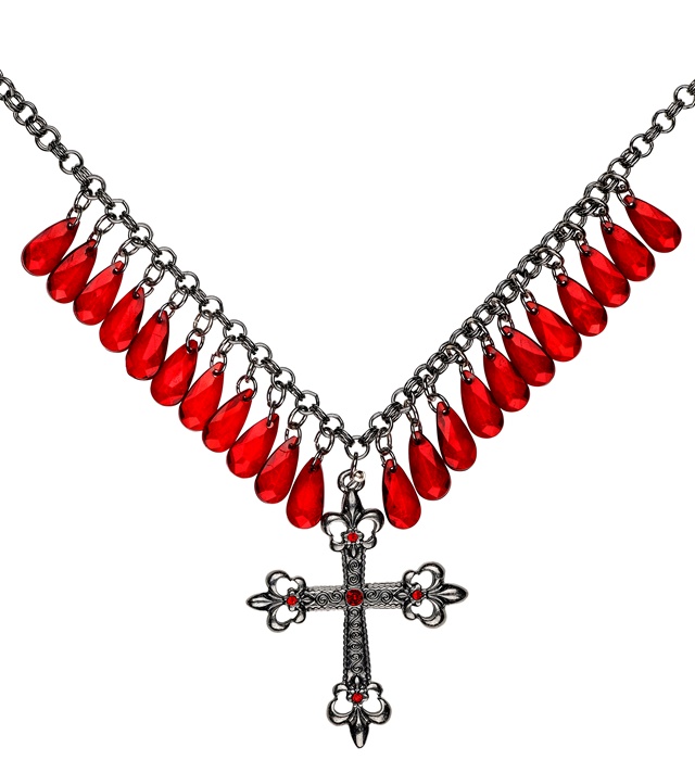 "COLLIER A CROIX GOTHIQUE ROUGE AVEC GOUTTES DE JUPITER"