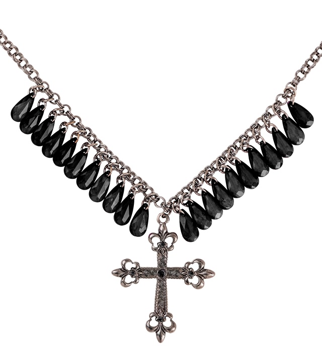 "COLLIER A CROIX GOTHIQUE NOIR AVEC GOUTTES DE JUPITER"