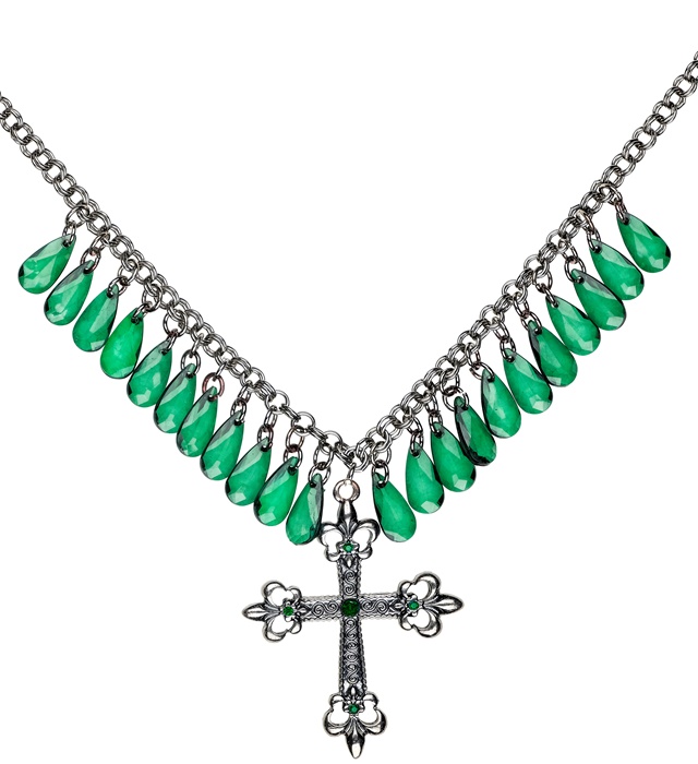 "COLLIER A CROIX GOTHIQUE VERT AVEC GOUTTES DE JUPITER"