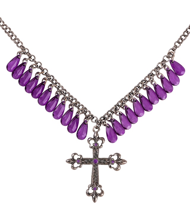 [75134] "COLLIER A CROIX GOTHIQUE VIOLET AVEC GOUTTES DE JUPITER"