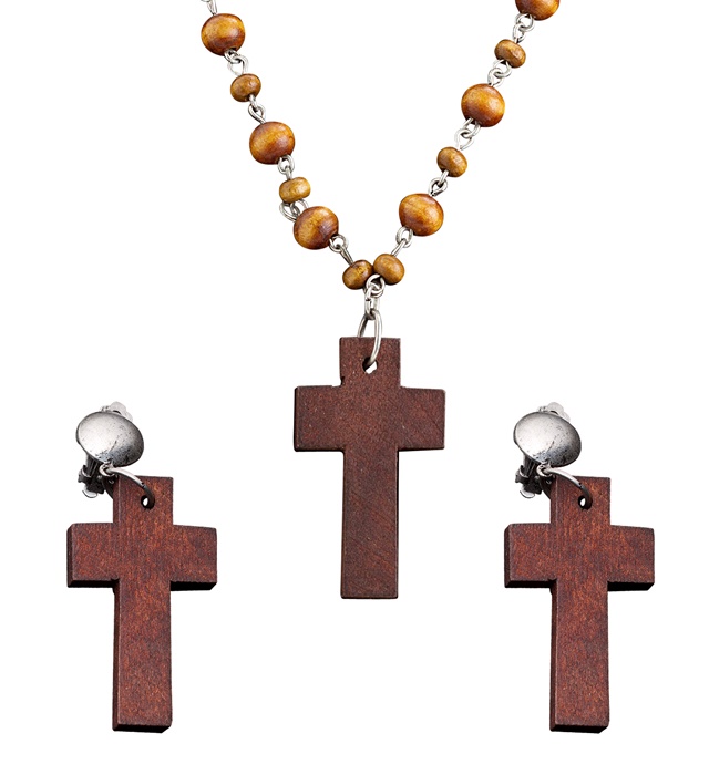 [7516N] Set de "ROSAIRE ET BOUCLES D'OREILLES A CROIX EN BOIS"