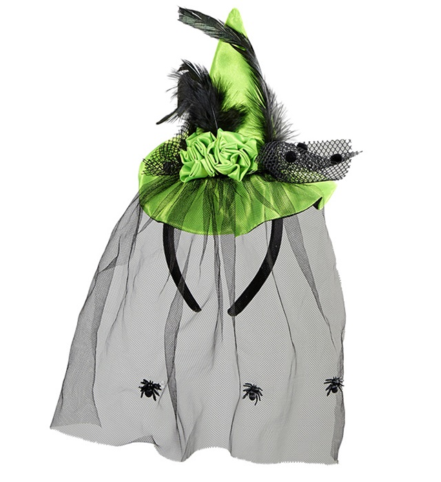 "CHAPEAU DE PETITE SORCIERE VERT AVEC ROSES, PLUMES ET ARAIGNÉES TULLE"