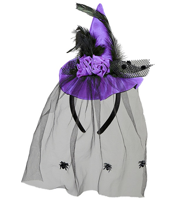 "CHAPEAU DE PETITE SORCIERE VIOLET AVEC ROSES, PLUMES ET ARAIGNÉES TULLE"