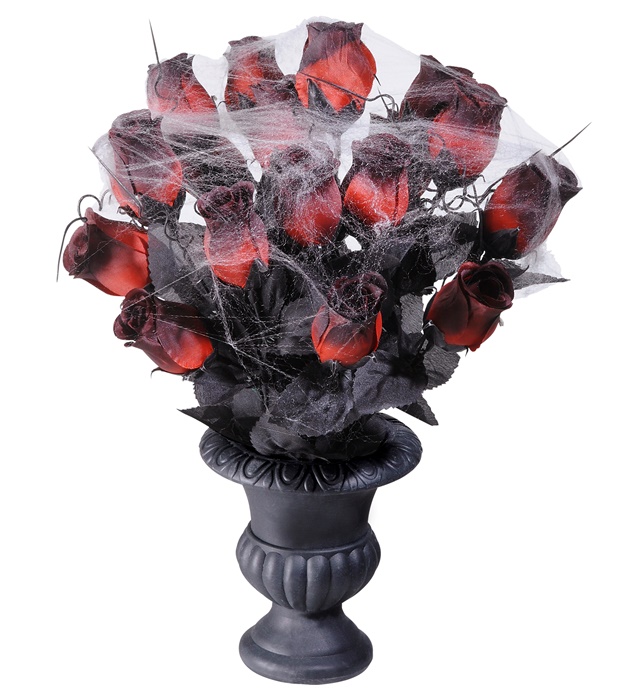 "VASE AVEC ROSES ROUGES ET TOILE D'ARAIGNEE" 35 cm