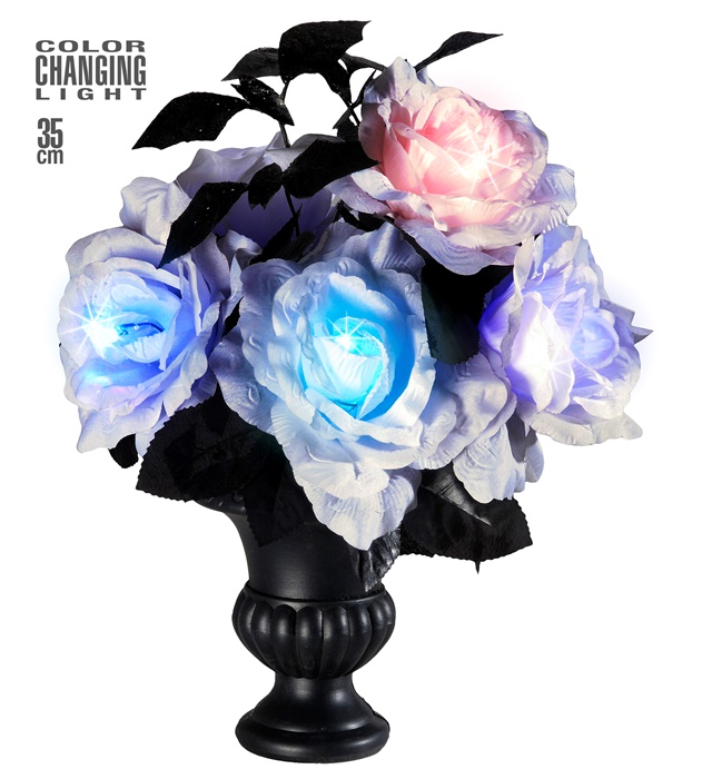 "VASE AVEC 6 ROSES BLANCHES LUMINEUSES QUI CHANGENT DE COULEUR" 35 cm