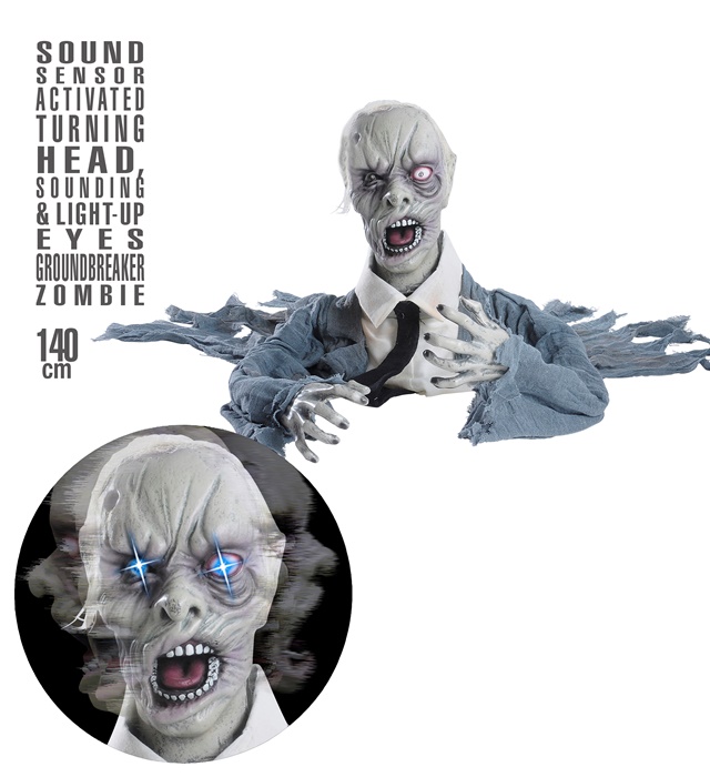 "ZOMBIE AVEC TETE TOURNANTE, SON ET YEUX LUMINEUX" activé par capteursonore - 140 cm